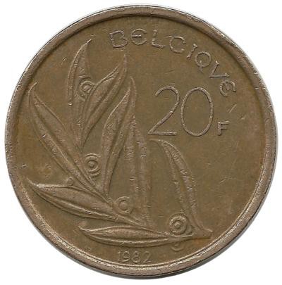 Монета 20 франков. 1982 год, Бельгия.  (Belgique).