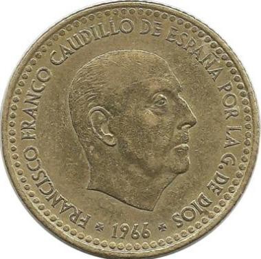 Монета 1 песета, 1966 год. (1969г.) Испания.