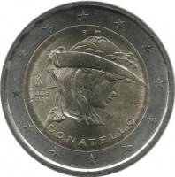 550 лет со дня смерти Донателло. Монета 2 евро. 2016 год, Италия. UNC.