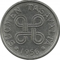 Монета 5 марок.1956 год, Финляндия. 