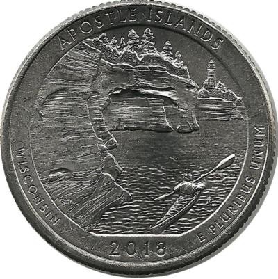 Национальные озёрные побережья островов Апостол (Apostle Islands). Монета 25 центов (квотер), (P). 2018 год, США. UNC.