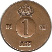 Монета 1 эре.1956 год, Швеция. (TS).
