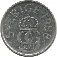 Монета 5 крон. 1988 год, Швеция.  