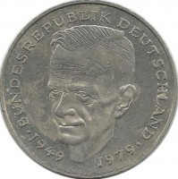 Курт Шумахер. 30 лет Федеративной Республике (1949-1979). Монета 2 марки. 1986 год, Монетный двор - Штутгарт (F). ФРГ.