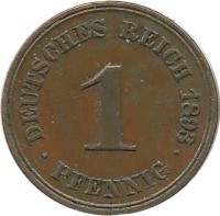 Монета 1 пфенниг 1893 год (A), Германская империя.