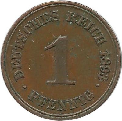 Монета 1 пфенниг 1893 год (A), Германская империя.