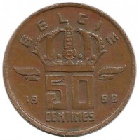 Монета 50 сантимов.  1969 год, Бельгия. (Belgie)