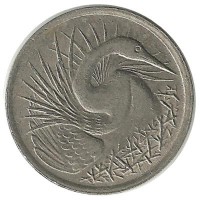 Монета 5 центов. 1979 год, Большая белая цапля. Сингапур.