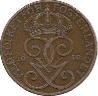 Монета 5 эре.1938 год, Швеция.