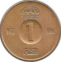 Монета 1 эре.1957 год, Швеция. (TS).