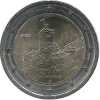 Федеральная земля Тюрингия, замок Вартбург. Монета 2 евро, 2022 год, (J) .