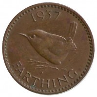 Монета 1 фартинг. 1937 год, Великобритания.