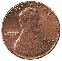 Линкольн. 1 цент 1980г. Филадельфия , CША.