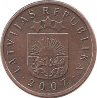 Монета 2 сантима. 2007 год, Латвия.