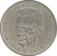 Курт Шумахер. 30 лет Федеративной Республике (1949-1979). Монета 2 марки. 1992 год, Монетный двор - Штутгарт (F). ФРГ.