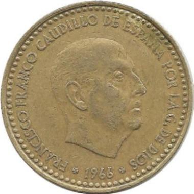 Монета 1 песета, 1966 год. (1971 г.) Испания.