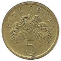 Монета 5 центов. 1987 год, Монстера деликатесная. Сингапур.