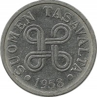 Монета 5 марок.1958 год, Финляндия. 