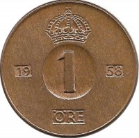 Монета 1 эре.1958 год, Швеция. (TS).