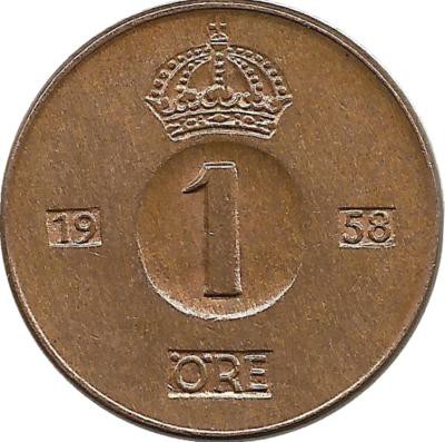 Монета 1 эре.1958 год, Швеция. (TS).