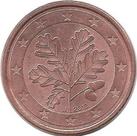 Монета 1 цент. 2013 год (J), Германия.  