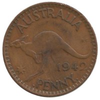 Кенгуру. Монета 1 пенни. 1942 год, Австралия.