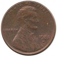Линкольн. 1 цент 1981г. (D) (Денвер) , CША.