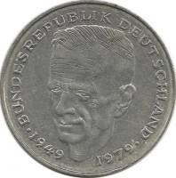Курт Шумахер 30 лет Федеративной Республике (1949-1979). Монета 2 марки. 1982 год, Монетный двор - Карлсруэ (G). ФРГ.