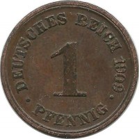 Монета 1 пфенниг. 1909 год (D), Германская империя.