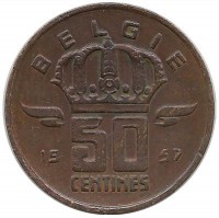 Монета 50 сантимов.  1957 год, Бельгия. (Belgie)