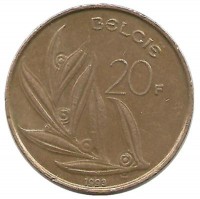 Монета 20 франков.  1993 год, Бельгия.  (Belgie).