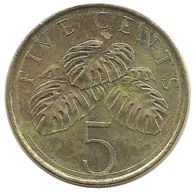 Монета 5 центов. 1997 год, Монстера деликатесная. Сингапур.