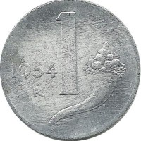 Монета 1 лира. 1954 год, Италия. Рог изобилия.