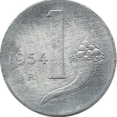 Монета 1 лира. 1954 год, Италия. Рог изобилия.