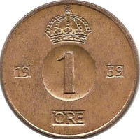 Монета 1 эре.1959 год, Швеция. (TS).