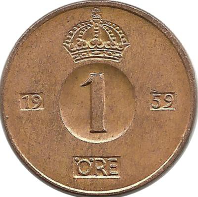 Монета 1 эре.1959 год, Швеция. (TS).