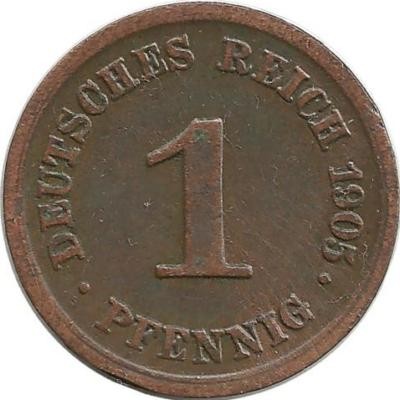 Монета 1 пфенниг 1905 год (Е), Германская империя.