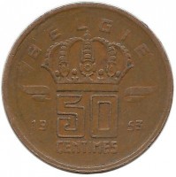 Монета 50 сантимов.  1953 год, Бельгия. (Belgie)