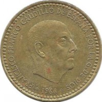 Монета 1 песета, 1966 год. (1973 г.) Испания.