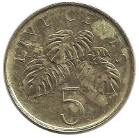 Монета 5 центов. 2000 год, Монстера деликатесная. Сингапур.