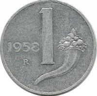 Монета 1 лира. 1958 год, Италия. Рог изобилия.