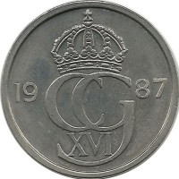 Монета 50 эре. 1987 год, Швеция. (D).