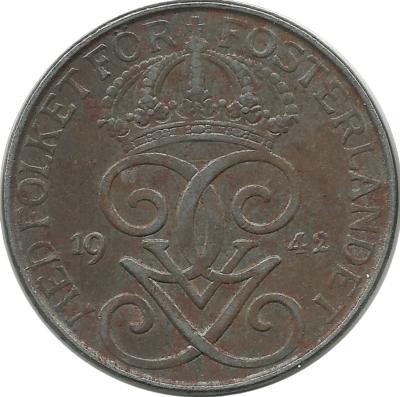 Монета 5 эре.1942 год, Швеция. (Железо).