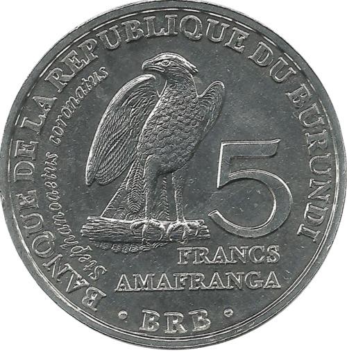 Венценосный орёл. Монета 5 франков. 2014 год. Бурунди. UNC.
