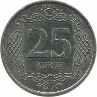 Монета 25 курушей 2017 год, Турция. UNC.