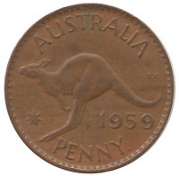 Кенгуру. Монета 1 пенни. 1959 год, Австралия.