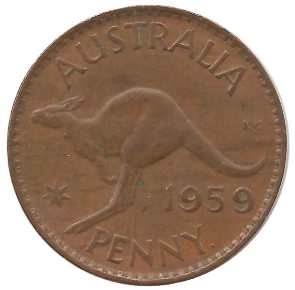 Кенгуру. Монета 1 пенни. 1959 год, Австралия.