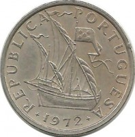 Парусный корабль. Малая каравелла. Монета 2.5 эскудо. 1972 год, Португалия.