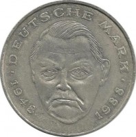 Людвиг Эрхард. 40 лет Федеративной Республике (1948-1988). Монета 2 марки. 1988 год, Монетный двор - Гамбург (J). ФРГ.