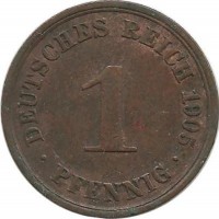 Монета 1 пфенниг 1905 год (А), Германская империя.
